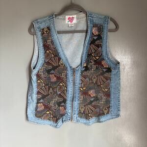 Vintage KERAN HART Women's Large 90's Retro Tapestry Denim Vest Grunge Boho